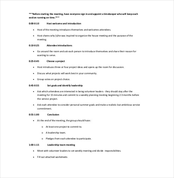 sample meeting itinerary template