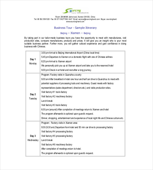 Business Travel Itinerary Template Word