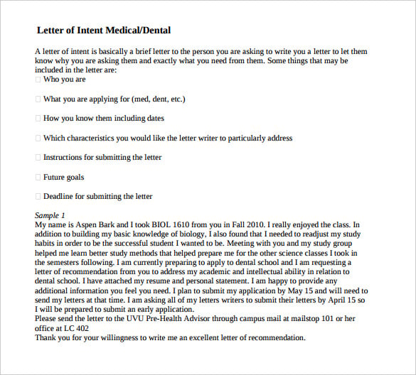 dental medical intent letter pdf free printable