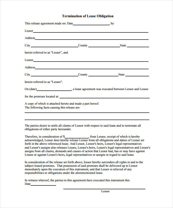 printable termination of lease obligation pdf