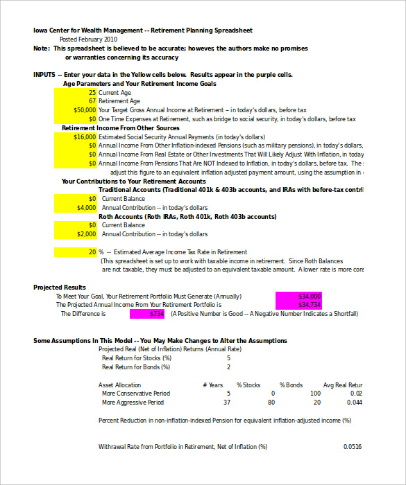 retirement planning spreadsheet template excel format