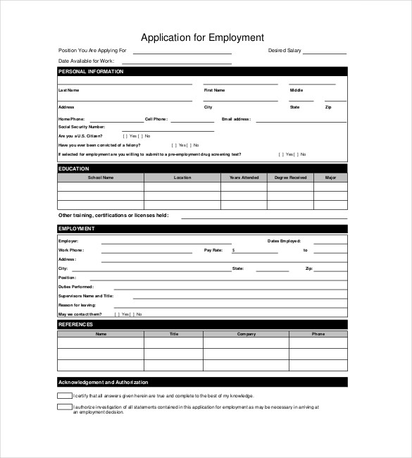 blank employment application template pdf format