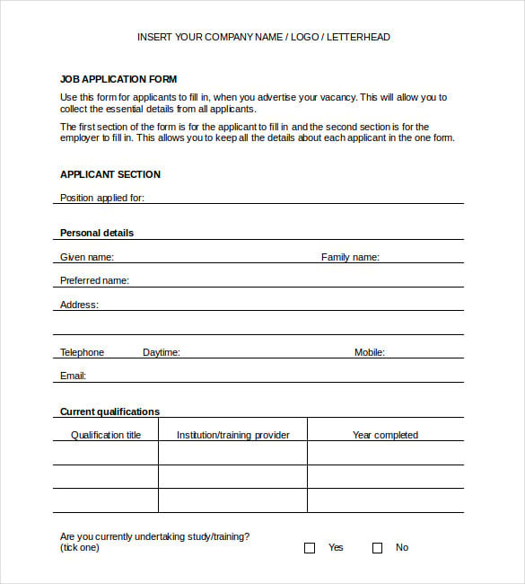 job application form word format