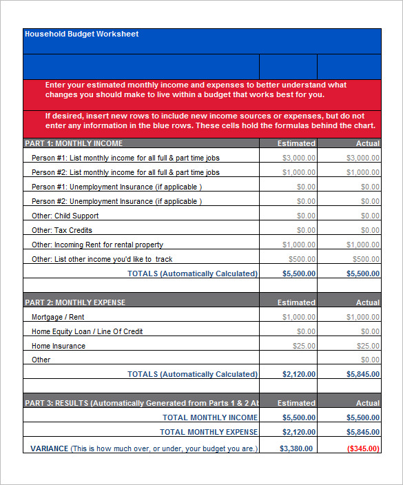 household budget worksheet template excel format download