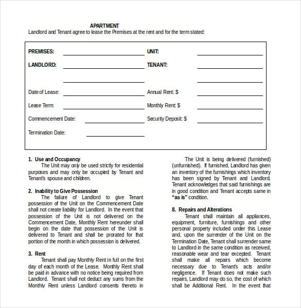 apartment lease agreement form doc