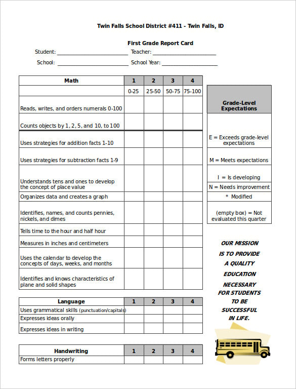 first grade report card template microsoft excel