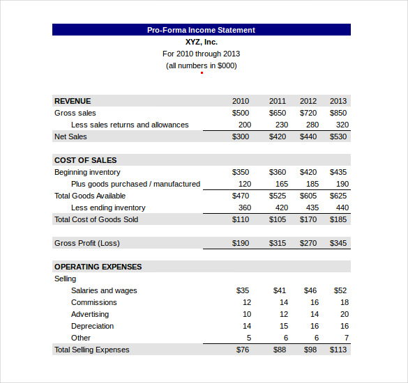 free pro forma income statement excel format