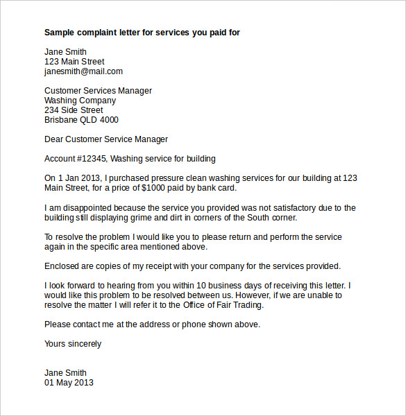 services complaint letter template word doc download