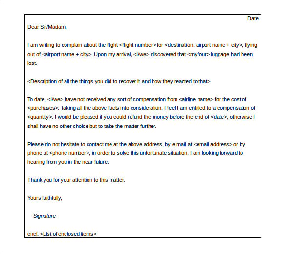 complaint letter airlines lost luggage word format