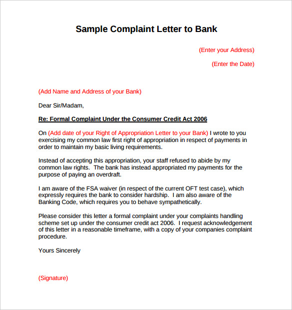 sample complaint letter to bank pdf format