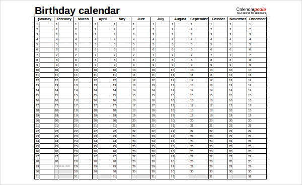 months birthday calendar word doc download