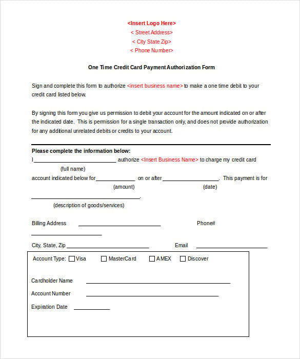 one time credit card payment authorization form word doc