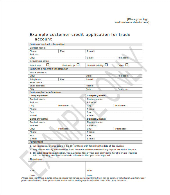 trade account customer credit application template word