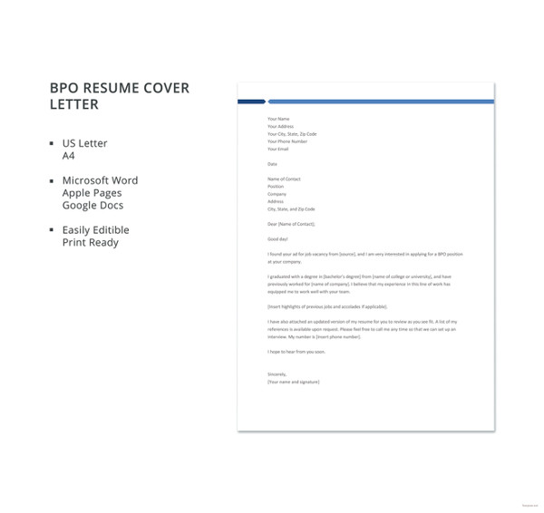 bpo resume cover letter template