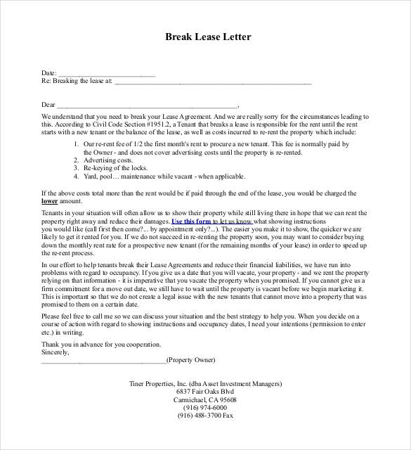 Sample Letter To Break Lease Due To Medical Reasons