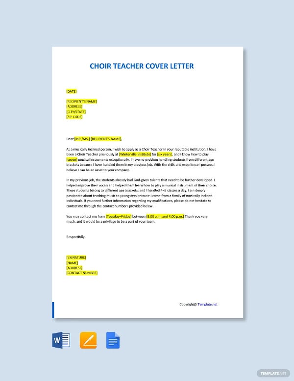 choir teacher cover letter template