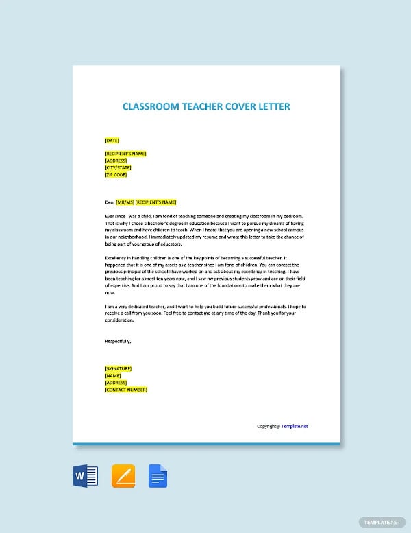 classroom teacher cover letter template
