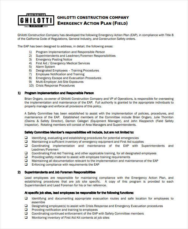 construction emergency action plan template