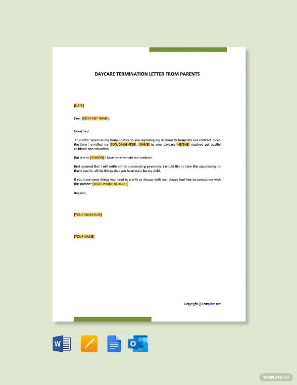 daycare termination letter from parents templates