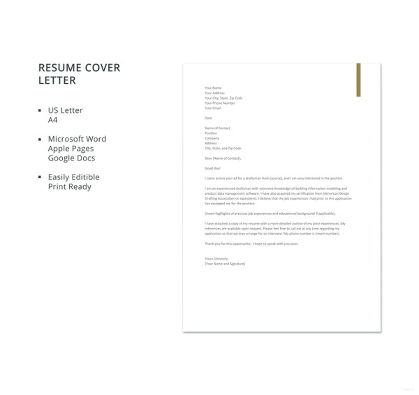 draftsman resume cover letter template