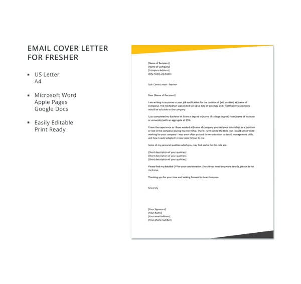 email cover letter for fresher
