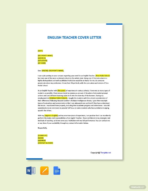 english teacher cover letter template