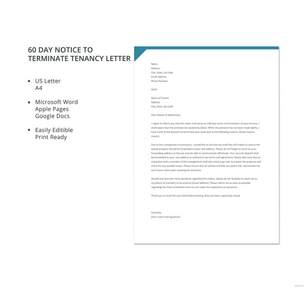 free 60 day notice to terminate tenancy letter template