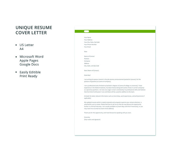 free unique resume cover letter template