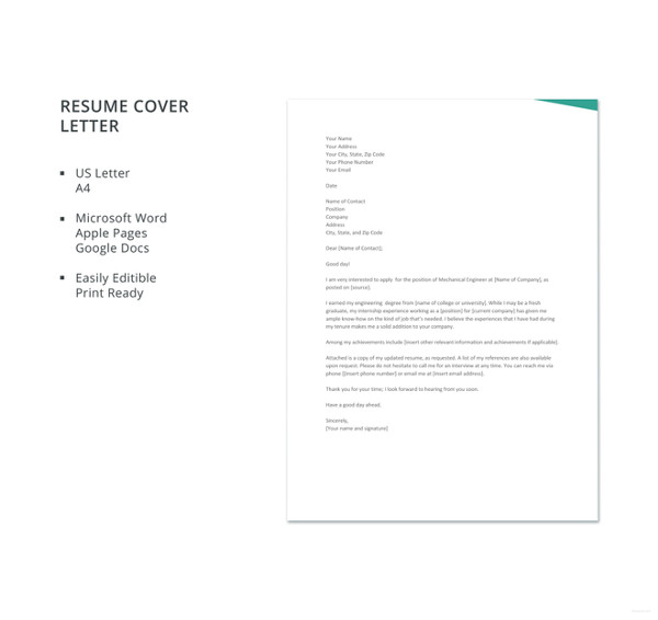 fresher mechanical engineer resume cover letter template