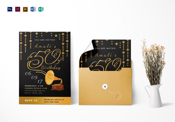 golden gramophone 50th birthday party invitation template