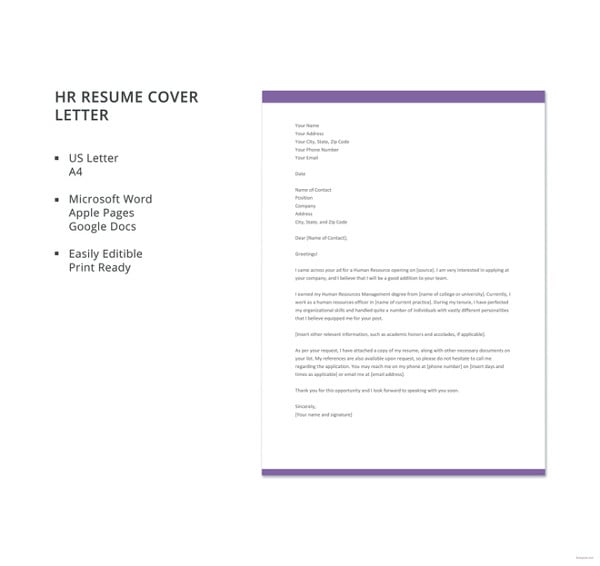 hr resume cover letter template