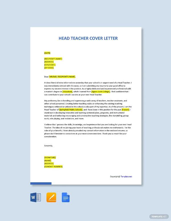 head teacher cover letter template