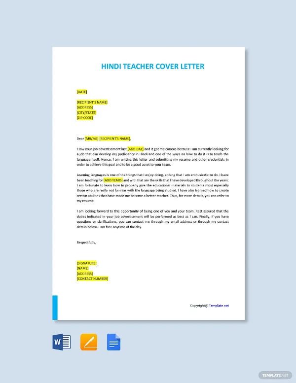 hindi teacher cover letter template