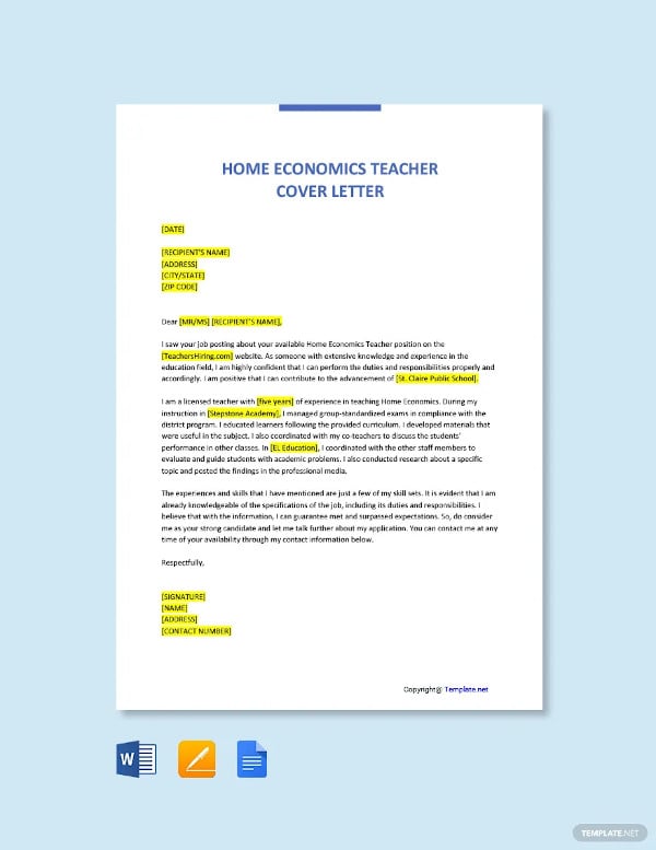 home economics teacher cover letter template