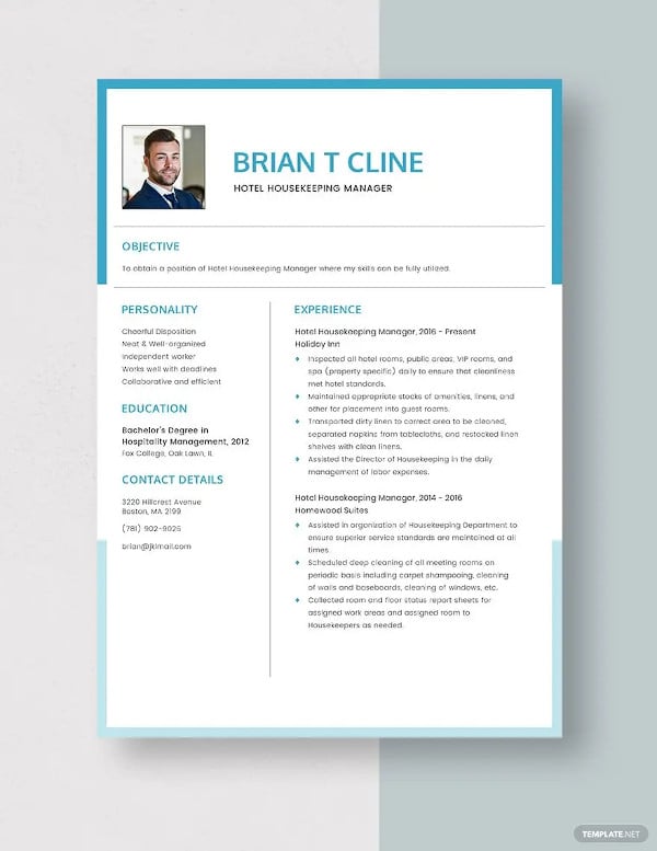 hotel housekeeping manager resume template