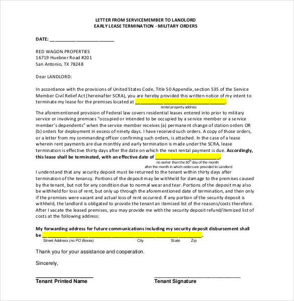 letter from servicemember to landlord early lease termination