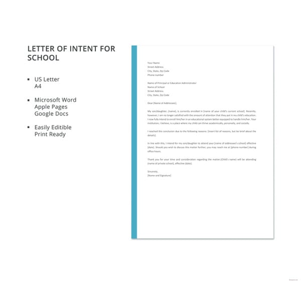 7+ School Letter Of Intent Templates - PDF, DOC  Free 