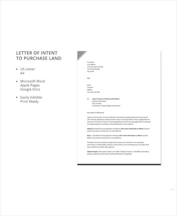 letter of intent to purchase land