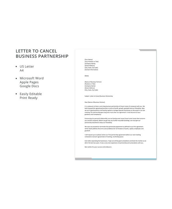 letter to cancel business partnership