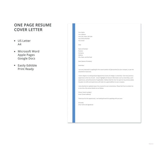 one page resume cover letter template