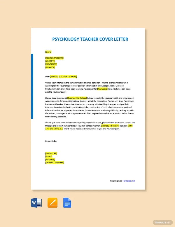 psychology teacher cover letter template