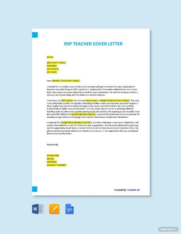 rsp teacher cover letter template