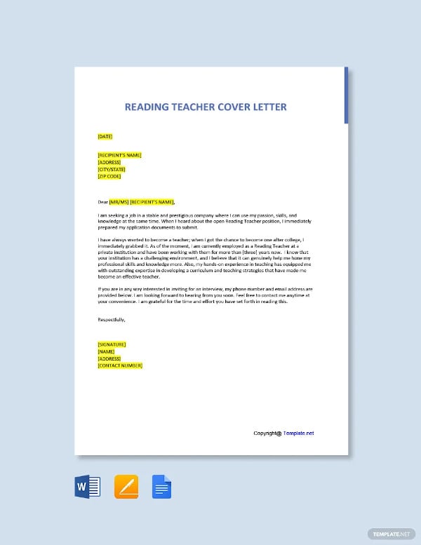 reading teacher cover letter template