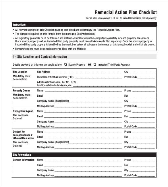remedial action plan checklist template