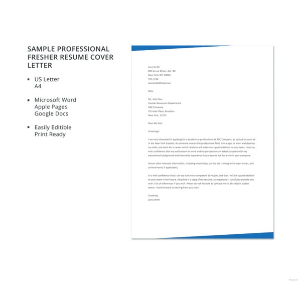 sample professional fresher resume cover letter template