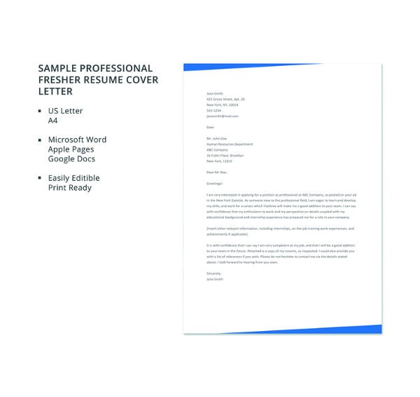 sample professional fresher resume cover letter template