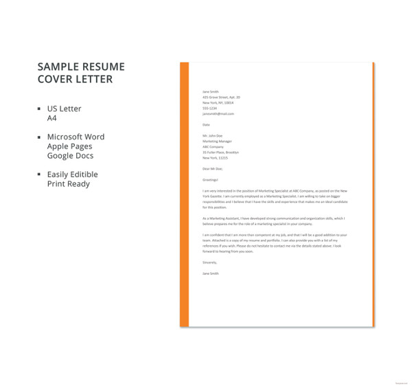 sample resume cover letter template