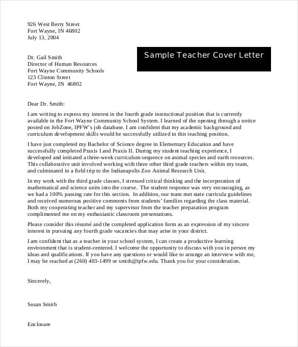 sample teacher cover letter download