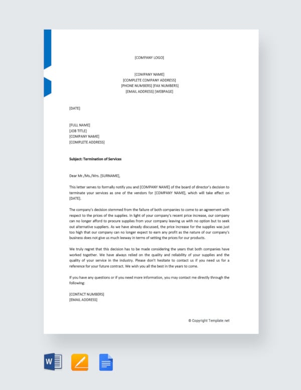 service termination letter to vendor