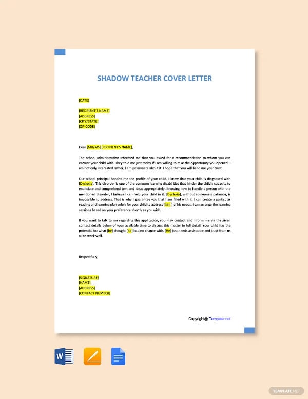 shadow teacher cover letter template